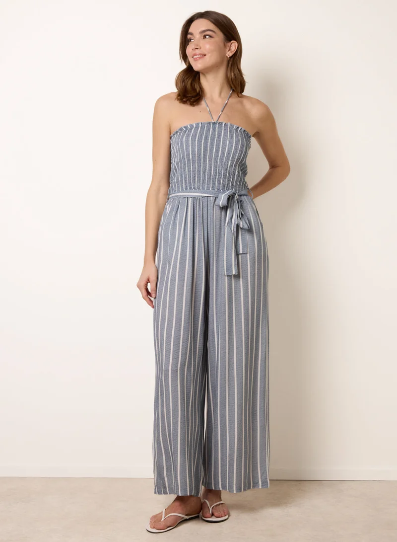 بلو فانيلا Bardot Tie Neck Pinstripe Jumpsuit